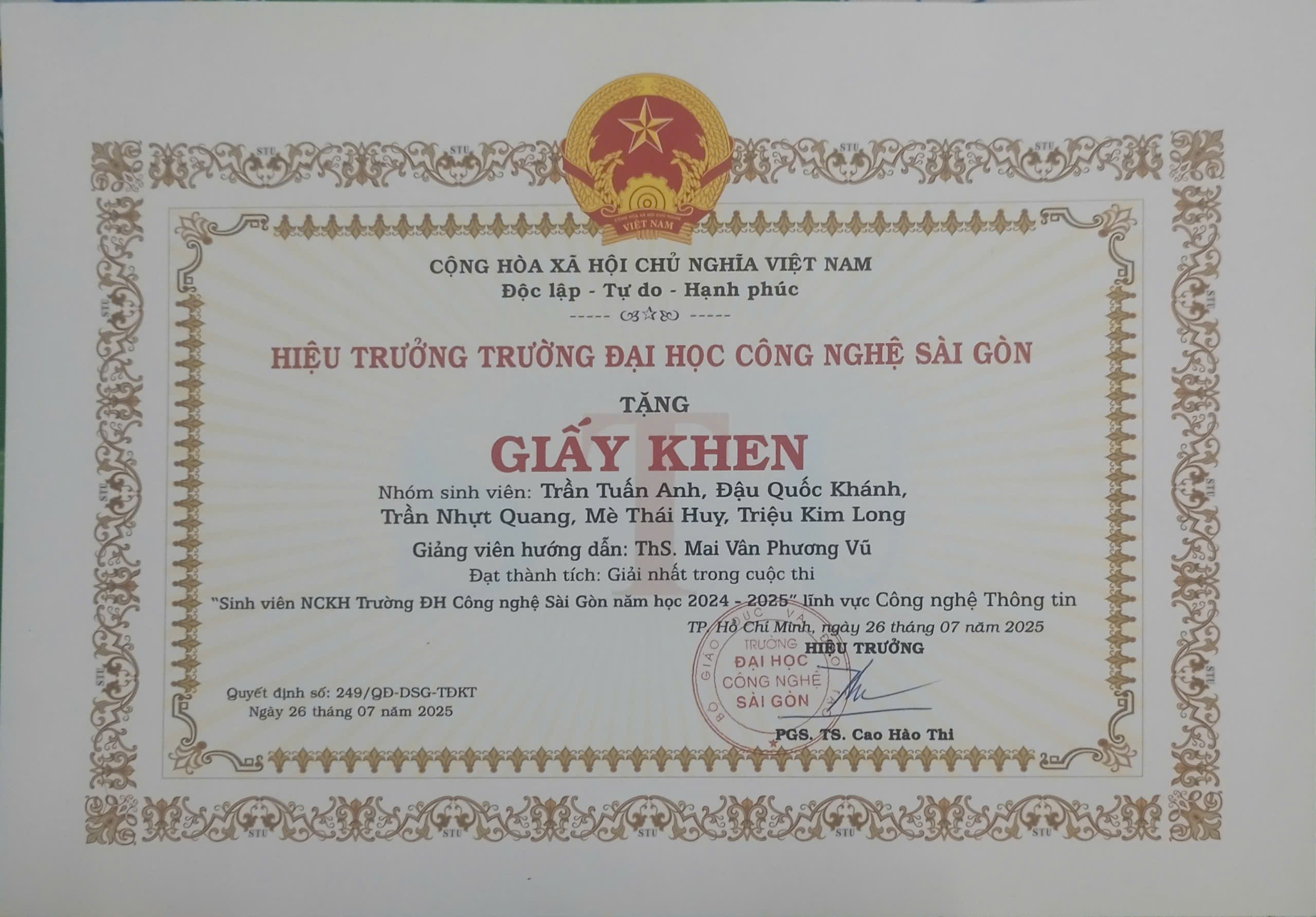 Giấy Khen Giải Nhất NCKH